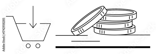 Shopping cart with downward arrow beside three stacked coins. Ideal for e-commerce, savings, payment, transactions, budgeting, retail, affordability concept. Simple flat metaphor