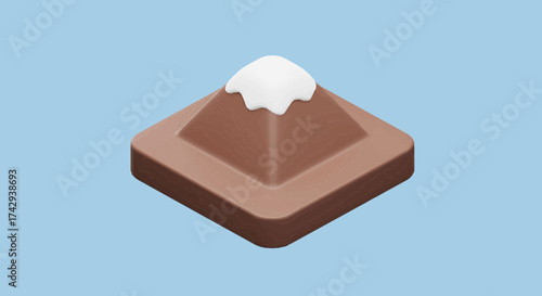 Stylized 3D isometric brown mountain peak with a pristine snowcap, rendered with a smooth finish on a light blue backdrop, ideal for digital art and icons
