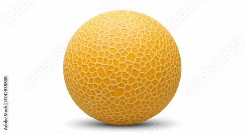 A close-up view of a ripe cantaloupe, showcasing its textured surface and vibrant orange color against a clean white background.