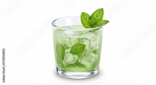 A refreshing green cocktail with mint leaves in a clear glass filled with ice