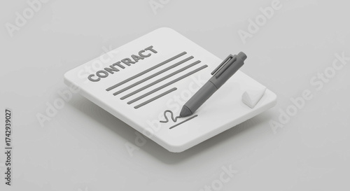A black pen lies on top of a white contract document with a signature on a plain gray surface