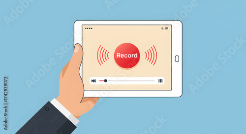 Hand holding a digital tablet showcasing a vivid red record button, signifying active media recording, content creation, and mobile video or audio capture technology