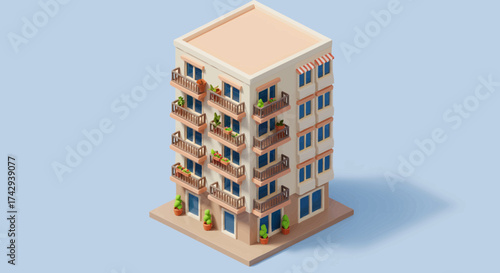 Isometric View of a Modern Apartment Building with Balconies and Plants