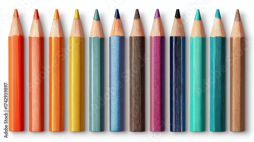 a collection of pencils with colored sleeves, displayed neatly in a row