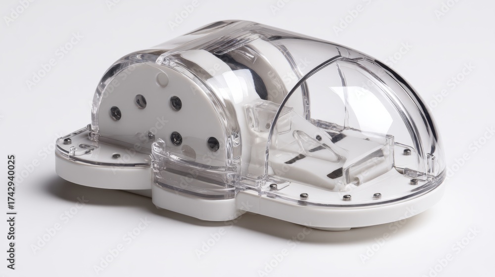 Fototapeta premium an encapsulated transparent appliance, which appears to be a kitchen gadget, is displayed against a white background