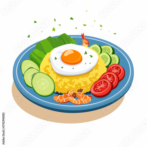 Indonesian Fried Rice with Egg and Shrimp Illustration