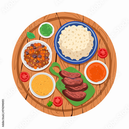 Flat lay illustration of a wooden platter with various dishes of food including rice, meat, and sauces against a clean white background with a rustic and appetizing mood.