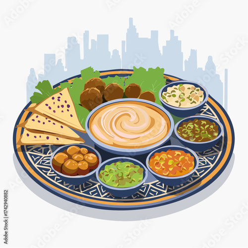 Illustration of a traditional Indian thali meal with various curries and naan bread on a decorative plate against a city skyline background.