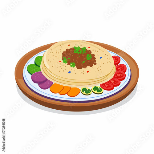 Flat lay illustration of a plate of food with tortillas, beans, and assorted vegetables on a wooden board against a white background.