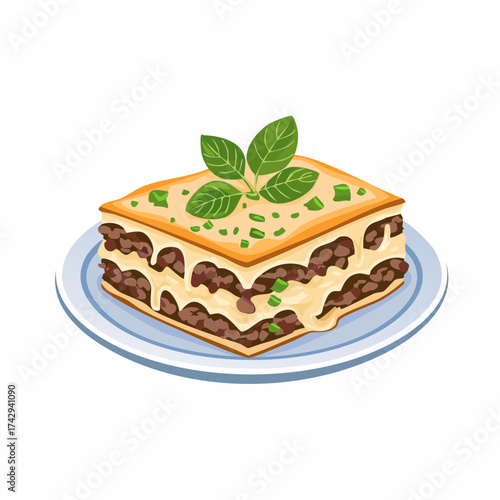 Illustration of a lasagna dish with basil on top, served on a plate against a white background.