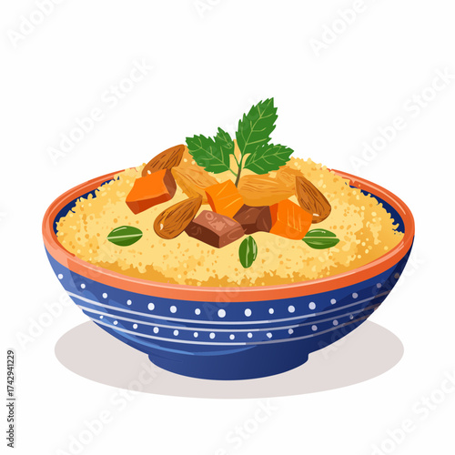 A vibrant illustration of a bowl of couscous with vegetables and herbs on a white background, showcasing a colorful and appetizing dish.