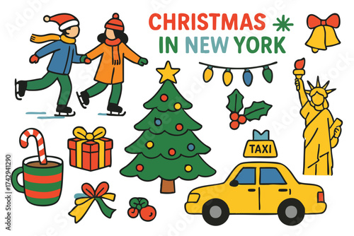 Flat Design Christmas in New York Icon Set