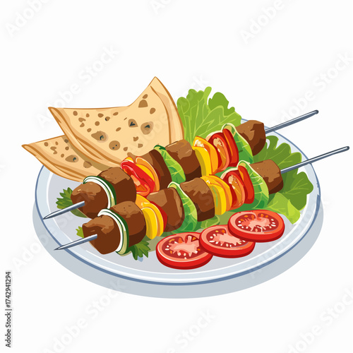 Illustration of a plate of kebabs with vegetables and pita bread on a white background.