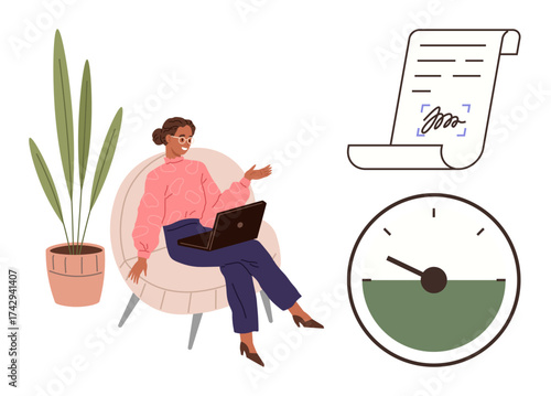 Woman seated with a laptop near a plant, discussing terms symbolized by a contract and performance indicated by a meter. Ideal for business, productivity, time management, remote work, legal