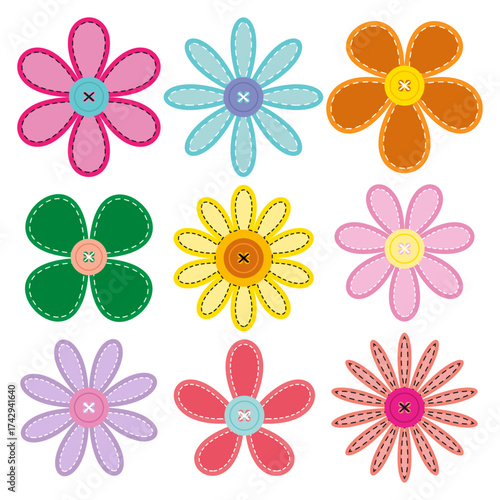Set of flowers with stitching and flower applique style button