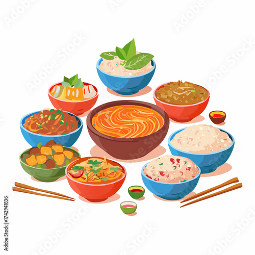 Flat lay illustration of various Asian dishes in colorful bowls with chopsticks on a white background.