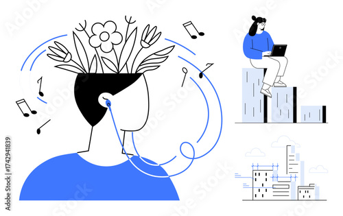Person with blooming flowers in their mind wearing earphones, music notes surrounding them, girl working on laptop, urban landscape. Ideal for creativity, relaxation, work-life balance, mindfulness