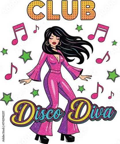 Disco Diva Dancing with Music Notes and Stars .