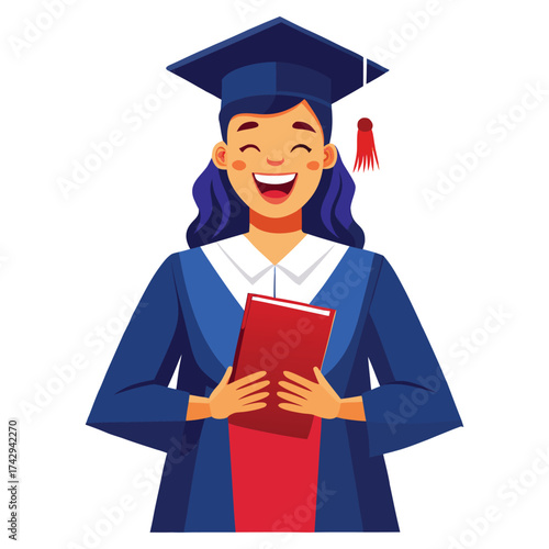Graduating student in cap and gown holding a book graduation.