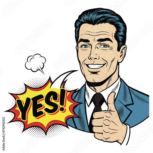 Smiling Man in Suit Gives Thumbs Up with YES Speech Bubble.