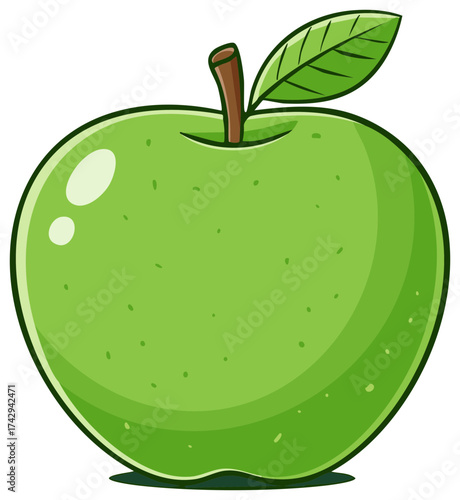 Vibrant Green Apple With Stem and Leaf Illustrated Healthy Food