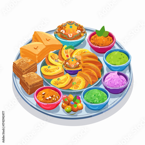 Traditional Indian Thali with Sweets and Curries Illustration
