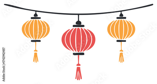 String of festive party paper lanterns celebration decorations for Asian or Chinese lunar new year