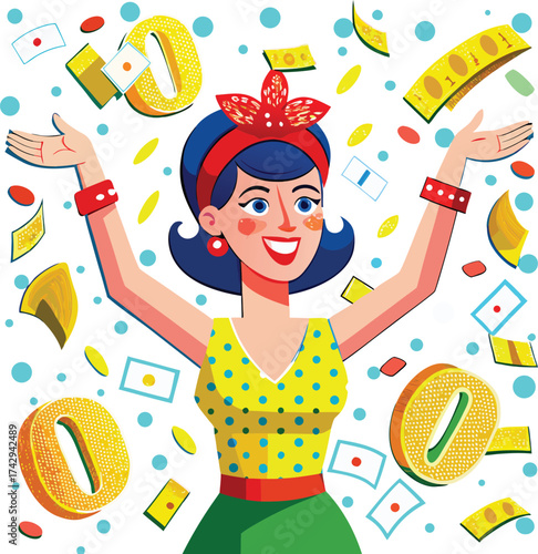 Woman celebrating with falling money and confetti.