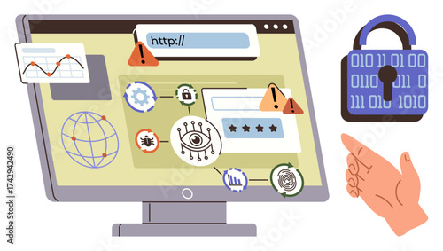 Computer screen with security alerts, a lock signifying data protection, and cybersecurity icons thumbs up bug, eye, and graphs. Ideal for data security, privacy, internet safety, digital