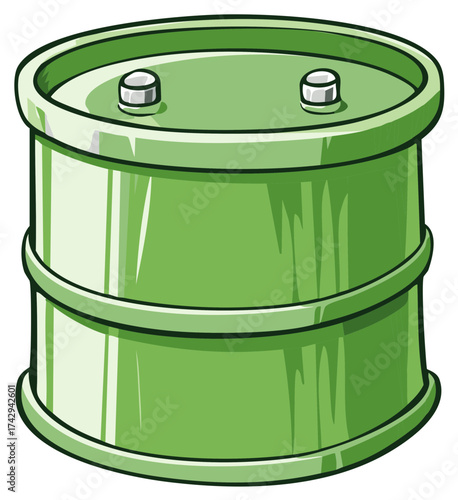 Simple green cartoon industrial barrel for oil or chemical storage vector illustration