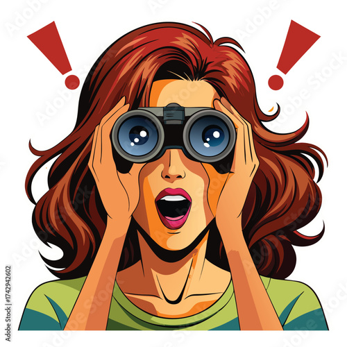 Woman looking through binoculars with surprised expression Keywords: woman, binoculars, looking.