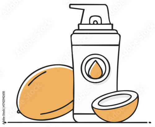 Coconut oil bottle with pump and whole and sliced coconuts in outline vector illustration