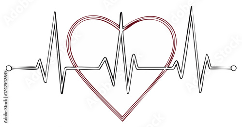 Drawn Heart Shape with ECG Waveforms for Medical Health and Cardiology Concepts