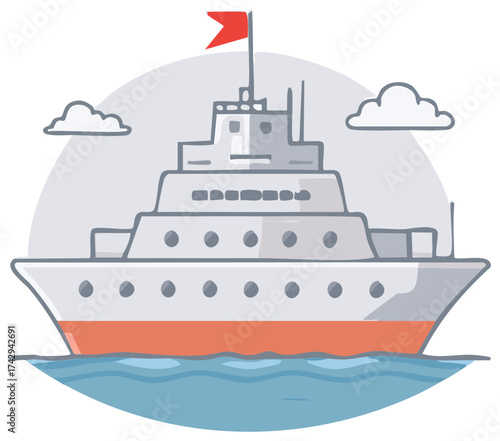 Stylized cruise ship sailing with red flag, clouds, blue water, vector illustration
