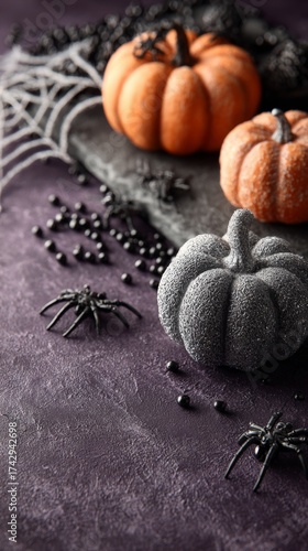 Eerie vibrance: minimalist halloween decor on a bold purple canvas. Movie artwork. Haunting overview: halloween items on purple with pumpkin baskets and bats. Epic poster. Poster design.