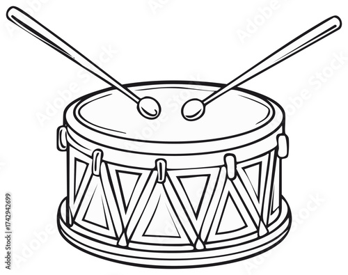 Isolated drum with drumsticks in black and white, outlined drawing of percussion instrument
