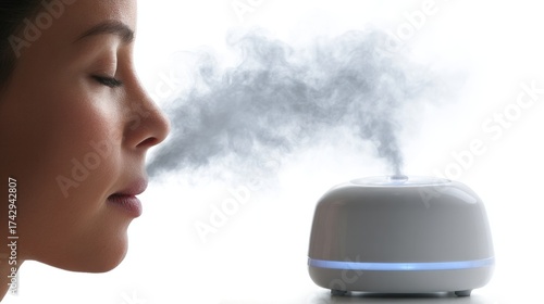 a moment of tranquility with a person inhaling steam from an aroma diffuser placed nearby. the diffuser emits a gentle waft of mist into the air, creating an atmosphere of relaxation and rejuvenation