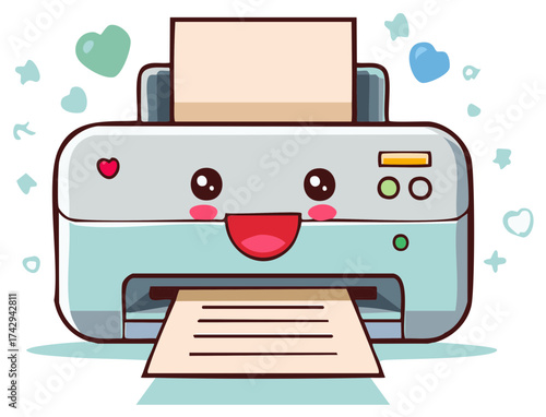 Cartoon Printer with a Happy Face and Hearts Printing Documents