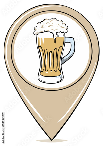 Cartoon map location pointer with a beer mug for a pub or bar