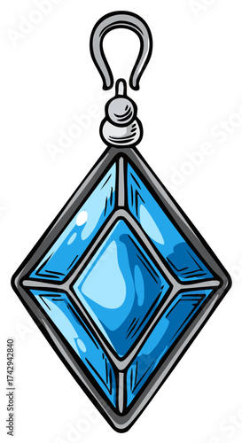 Sparkling Blue Gemstone Pendant Dangles Elegantly Hand Drawn with Shimmering Light Reflection Effect