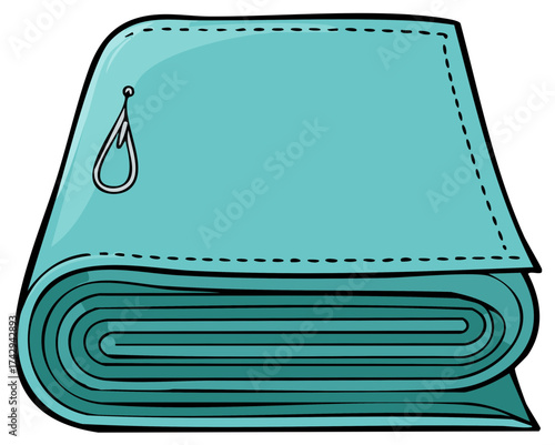 Cartoon illustration of a folded blue tarp or ground sheet with metal eyelet detail