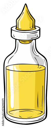 Glass Bottle Filled with Golden Yellow Liquid Elixir Vintage Aesthetic Hand Drawn Style Medical Treatment Aromatherapy Container