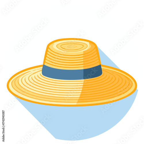 Summer straw hat with blue band vector illustration, vintage fashion sun protection for vacation