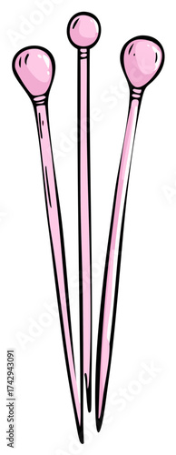 Hand drawn cartoon illustration of three pink sewing pins for tailoring and dressmaking