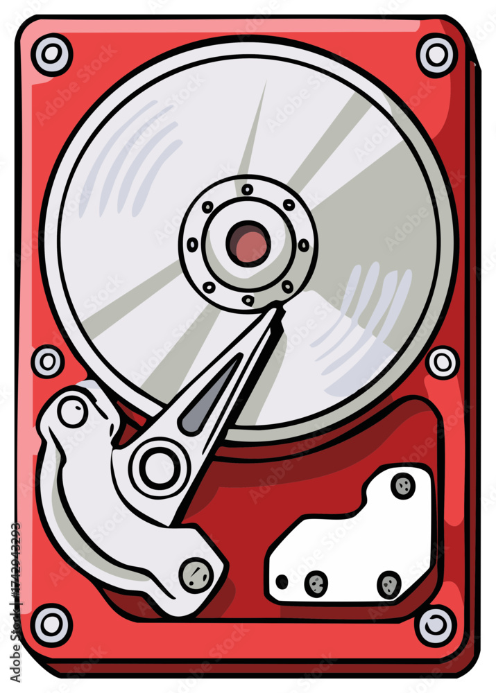 Fototapeta premium Red Hard Disk Drive Internal Components Cartoon Illustration Computer Storage Technology