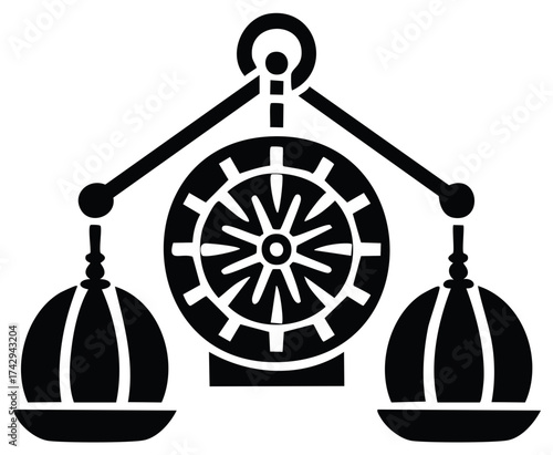 Steampunk style balance scale with industrial cogwheel and decorative weights