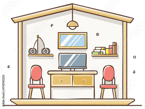 Cartoon living room interior furniture illustration: television, chairs, and decor art