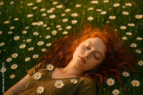 A serene young woman with flowing red hair reclines in a field of wildflowers, lost in a moment of tranquil repose amidst nature's beauty.