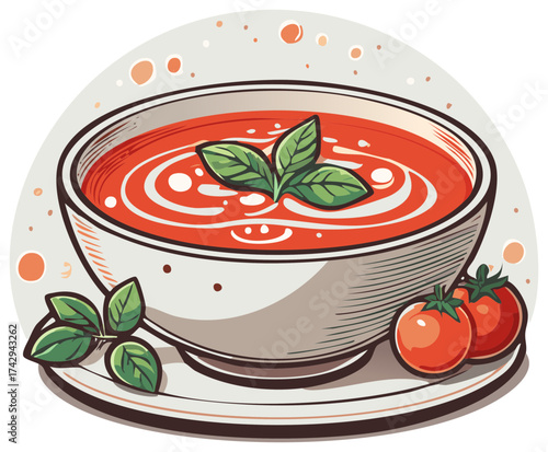 Stylized illustration of a bowl of tomato soup with basil and fresh tomatoes