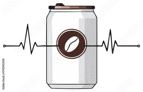 Conceptual coffee energy drink can, coffee bean logo with heartbeat line, vector illustration